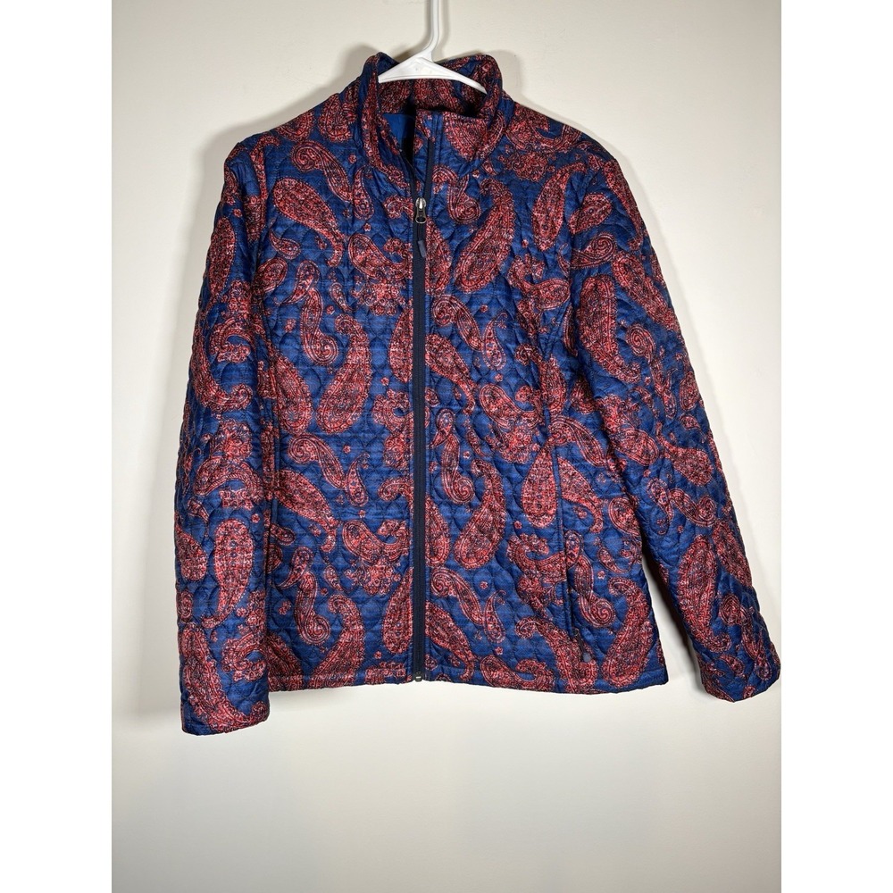 LANDS END Medium Paisley Quilted Zip-Up Coat Jacket Blue Red Grandmacore Cottage